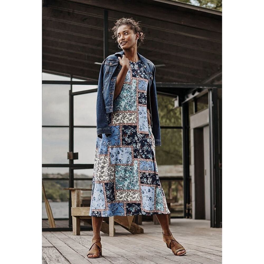 J. Jill Floral Patchwork Midi Dress Blue and Cream pockets Size Medium